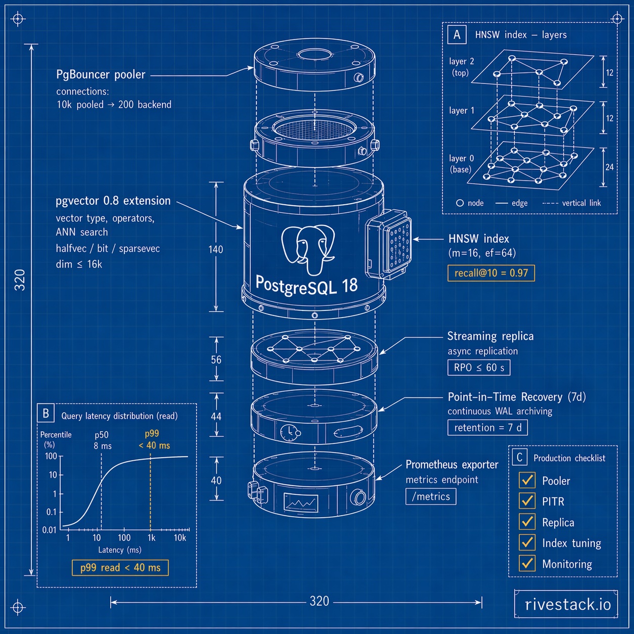 The pgvector production stack disassembled — pooler, PITR, HA, index tuning, monitoring